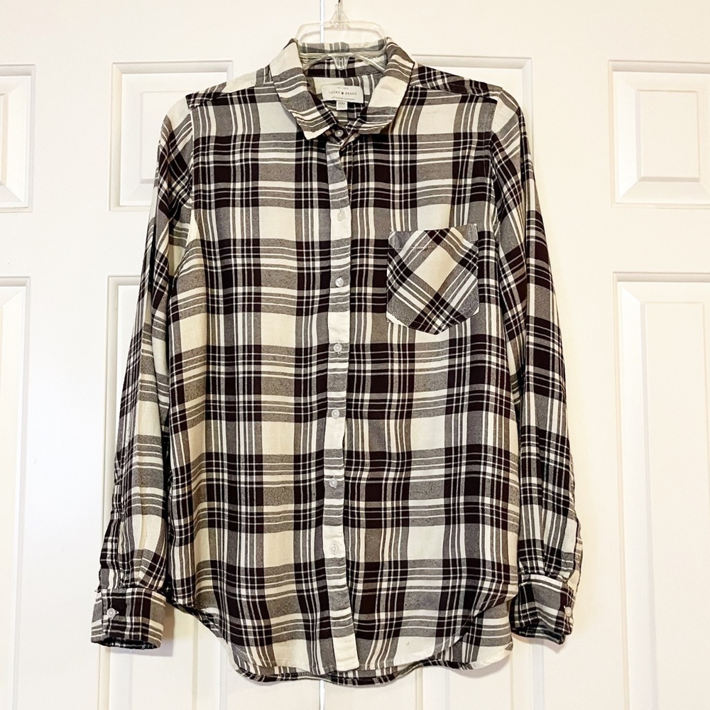 Lucky Brand black, white, gray plaid button down shirt. Size Women's Medium